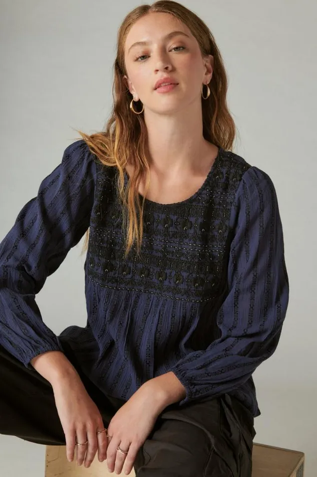Women Lucky Brand All Tops Beaded Embroidered Peasant Top Navy