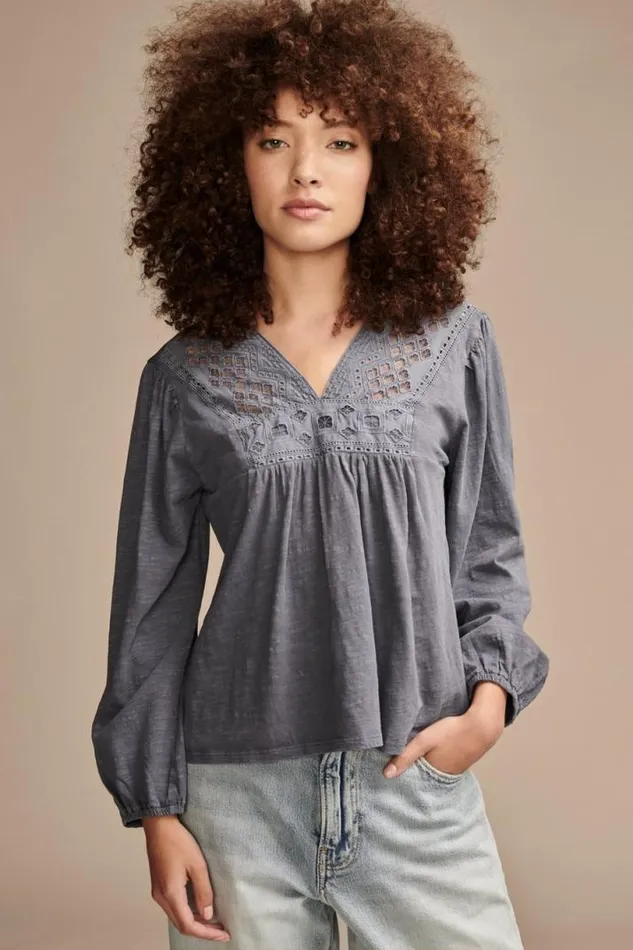 Women Lucky Brand All Tops Cutwork Peasant Top Nightshadow Blue