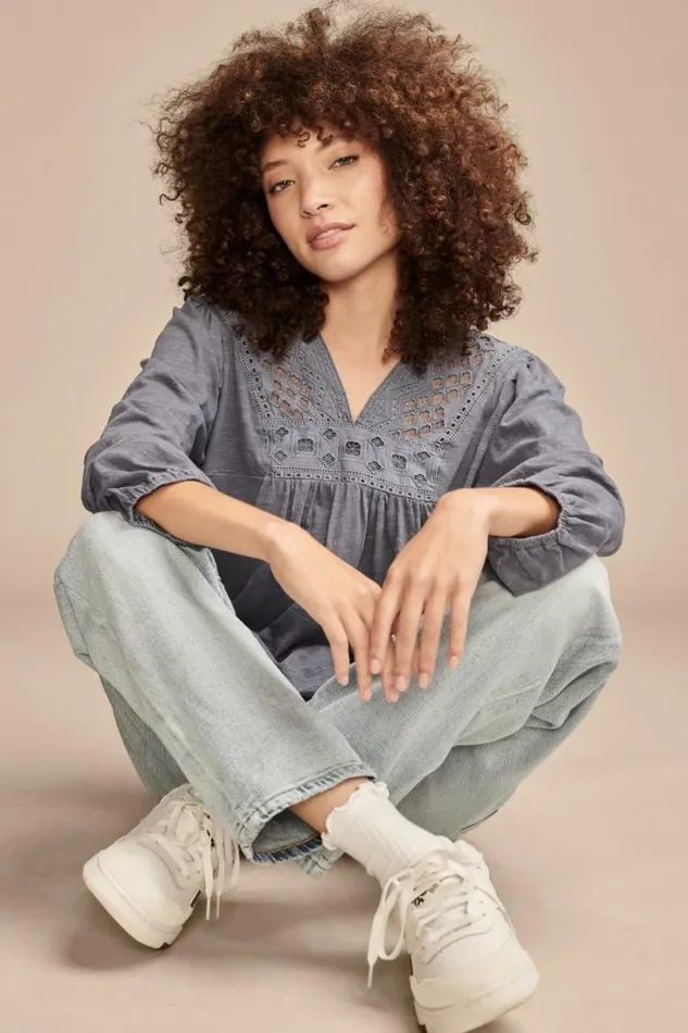 Women Lucky Brand All Tops Cutwork Peasant Top Nightshadow Blue