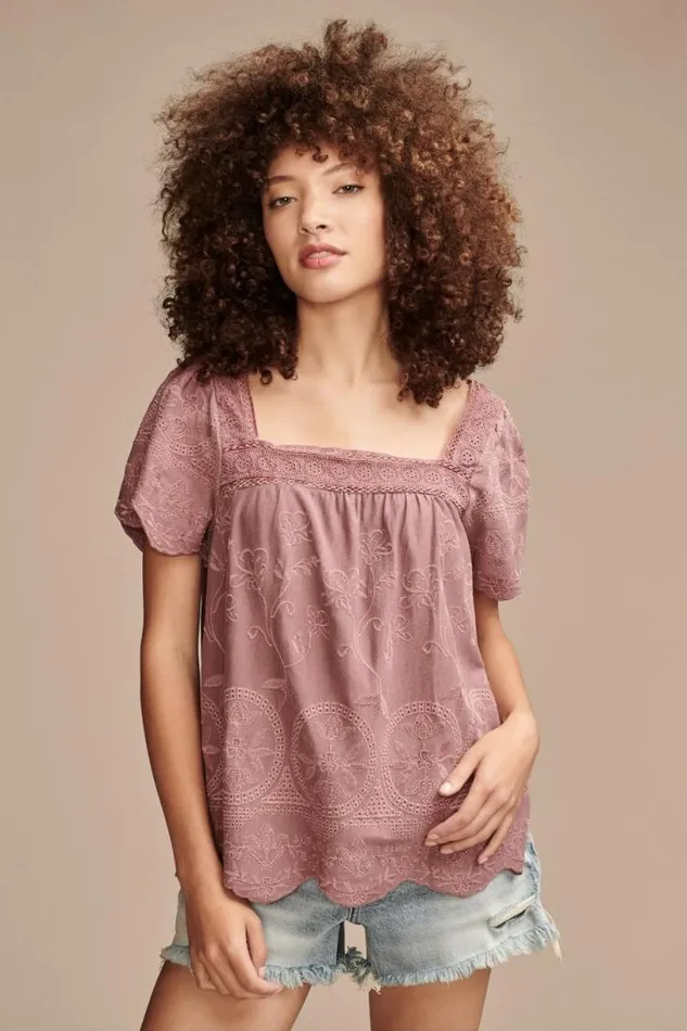 Women Lucky Brand All Tops Embroidered Flutter Sleeve Top Rose Brown