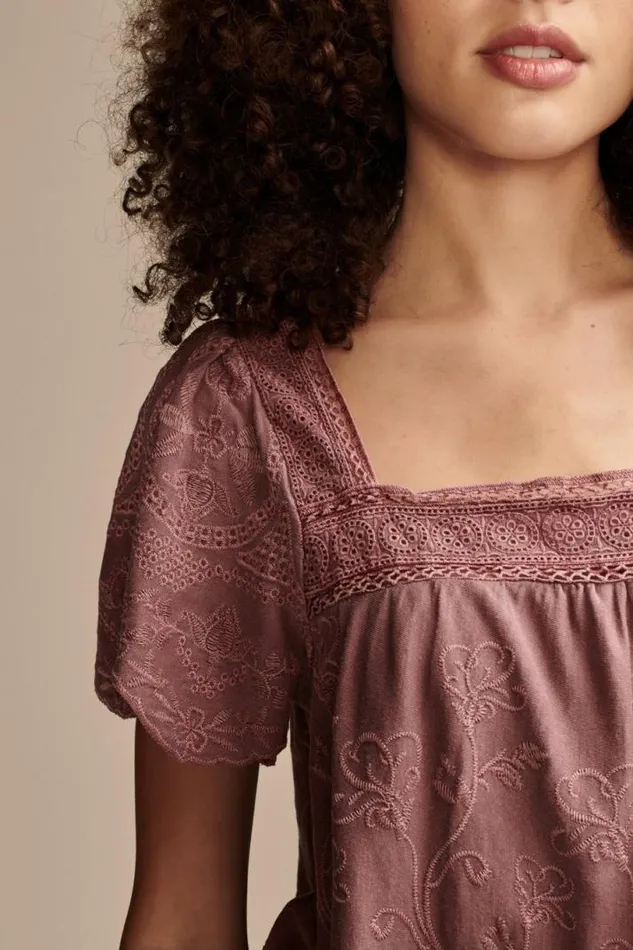 Women Lucky Brand All Tops Embroidered Flutter Sleeve Top Rose Brown