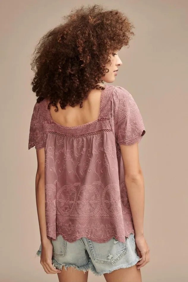 Women Lucky Brand All Tops Embroidered Flutter Sleeve Top Rose Brown