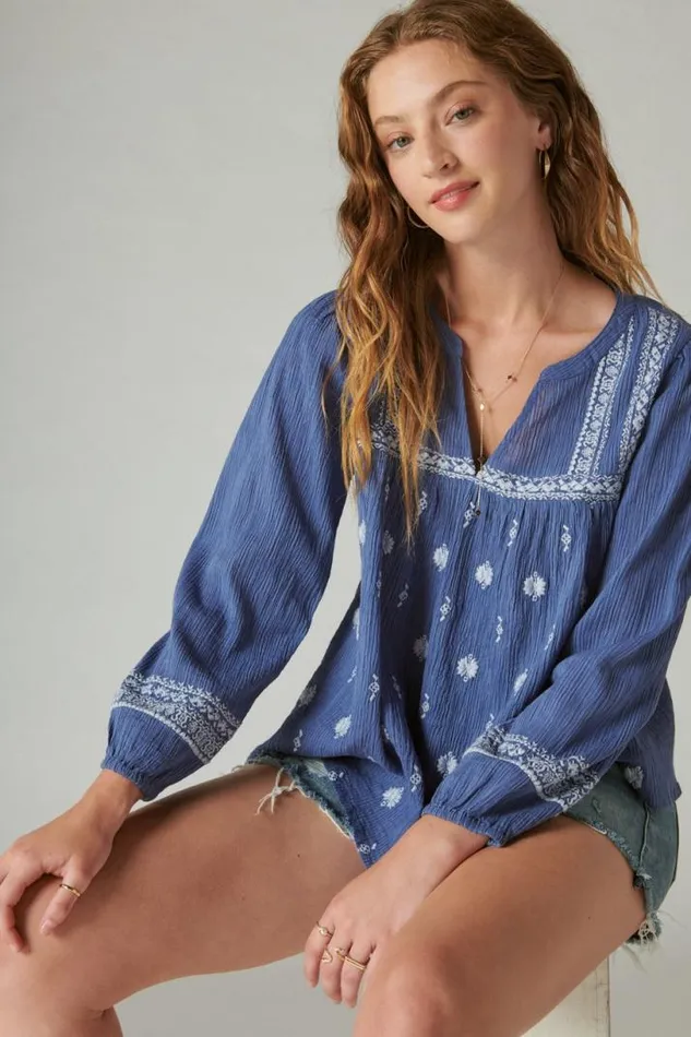 Women Lucky Brand All Tops Embroidered Popover Blouse Costal Blue Stripe