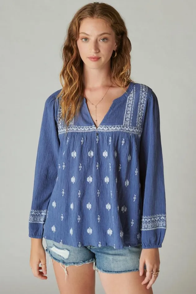 Women Lucky Brand All Tops Embroidered Popover Blouse Costal Blue Stripe