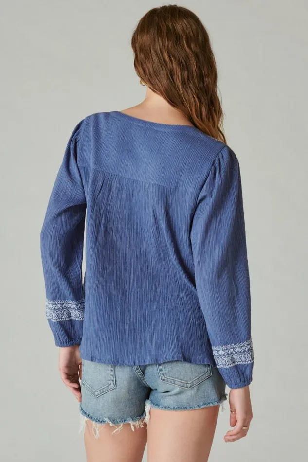 Women Lucky Brand All Tops Embroidered Popover Blouse Costal Blue Stripe