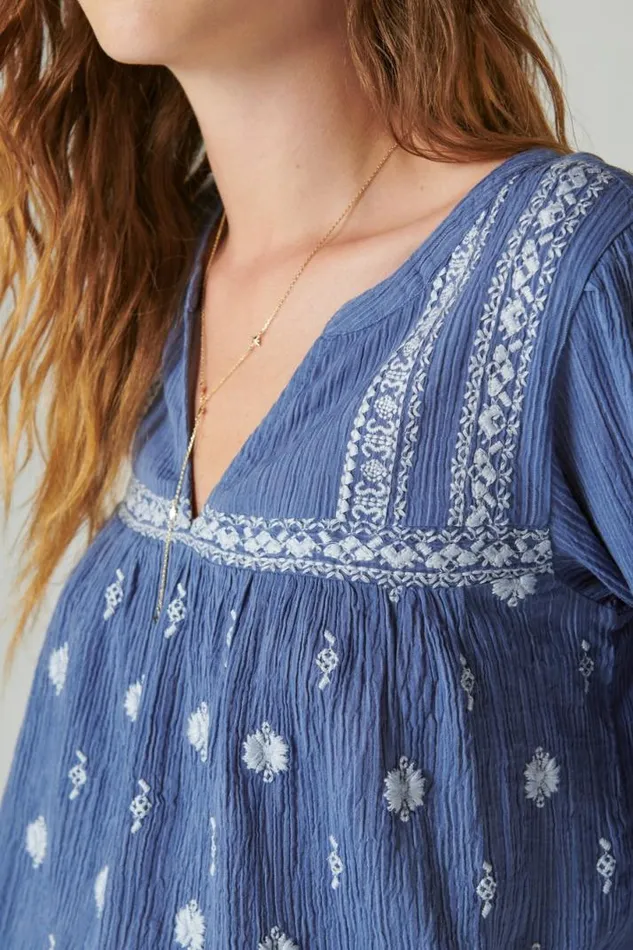 Women Lucky Brand All Tops Embroidered Popover Blouse Costal Blue Stripe