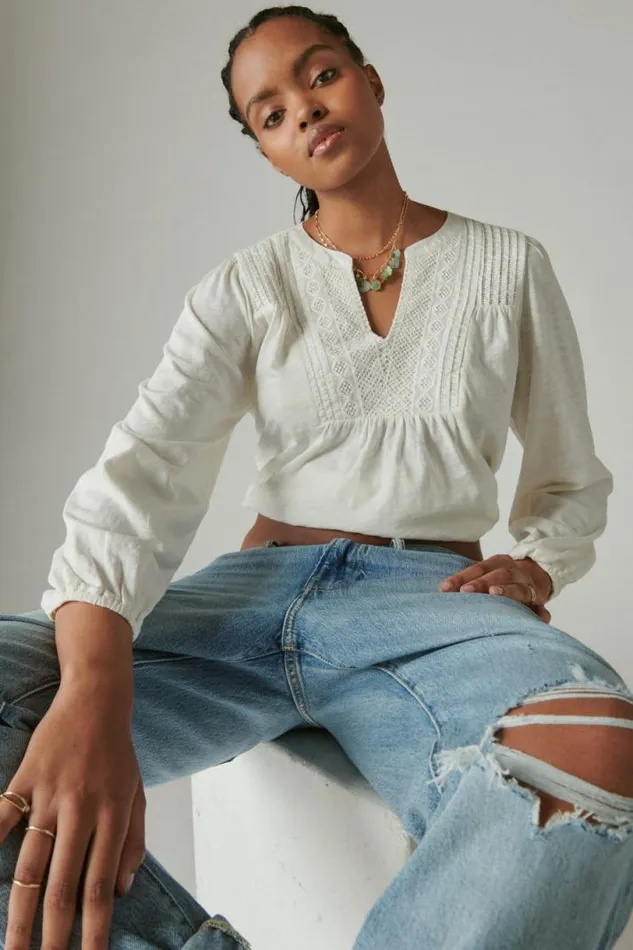Women Lucky Brand All Tops Lace Pintuck Geo Peasant Tee Gardenia