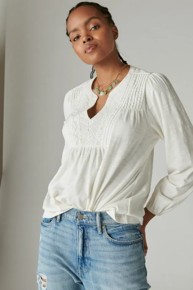 Women Lucky Brand All Tops Lace Pintuck Geo Peasant Tee Gardenia