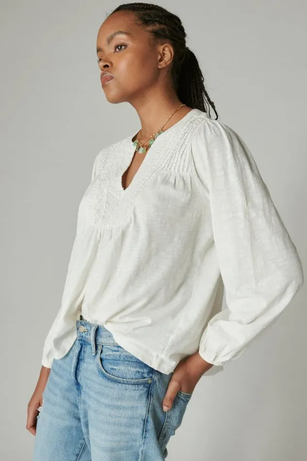 Women Lucky Brand All Tops Lace Pintuck Geo Peasant Tee Gardenia