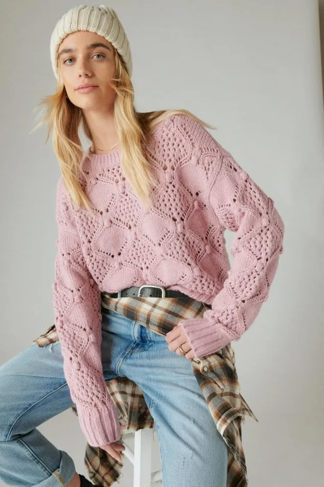 Women Lucky Brand All Tops Open Stitch Pullover Sweater Lilas