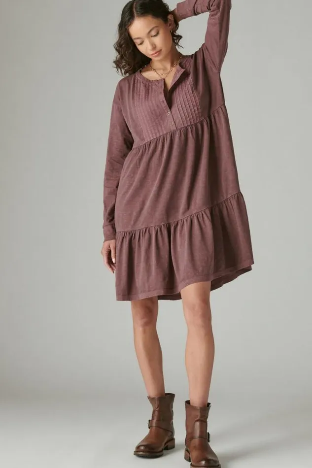 Women Lucky Brand Dresses Pintuck Tiered Knit Henley Dress Huckleberry