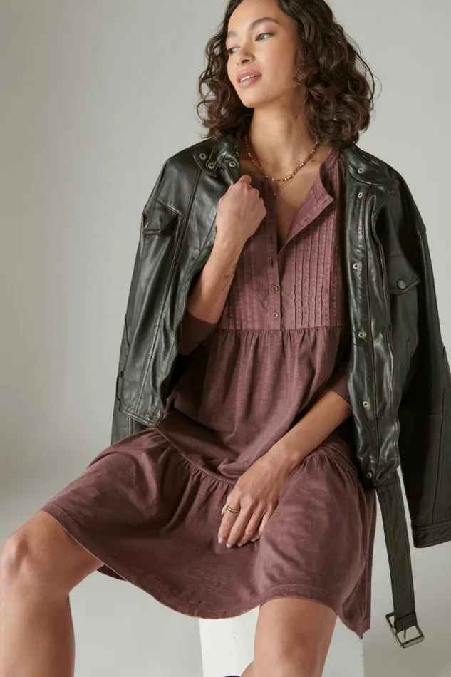 Women Lucky Brand Dresses Pintuck Tiered Knit Henley Dress Huckleberry