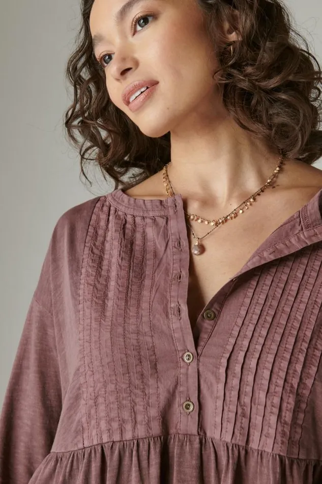 Women Lucky Brand Dresses Pintuck Tiered Knit Henley Dress Huckleberry