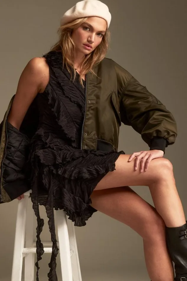 Women Lucky Brand Dresses Ruffled One Shoulder Mini Dress Black