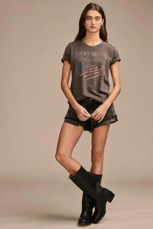 Women Lucky Brand Graphic Tees America Classic Crew Pavement