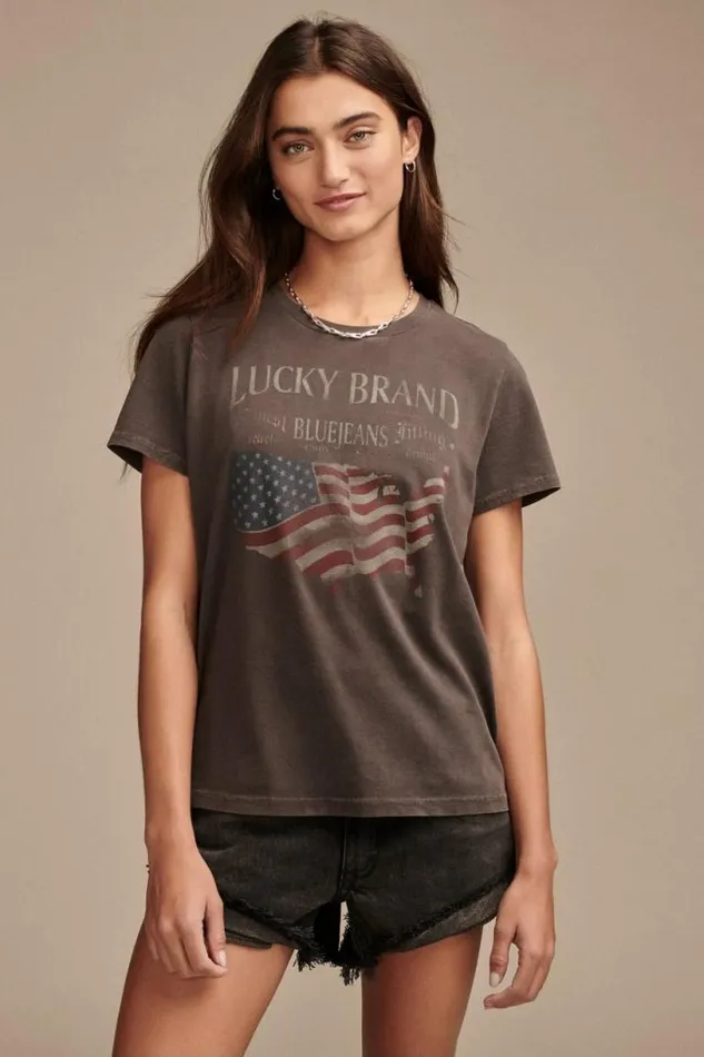 Women Lucky Brand Graphic Tees America Classic Crew Pavement