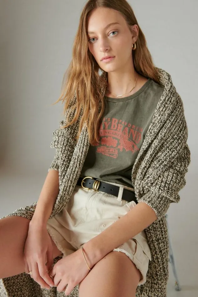 Women Lucky Brand Graphic Tees Americas Favorite Classic Crew Turkish Coffee