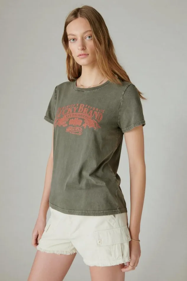 Women Lucky Brand Graphic Tees Americas Favorite Classic Crew Turkish Coffee