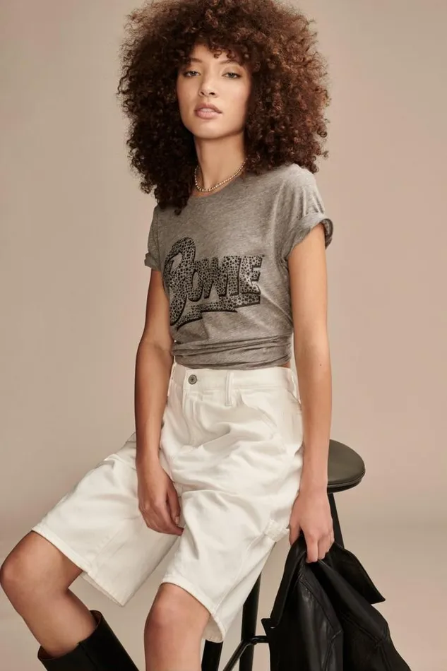 Women Lucky Brand Graphic Tees Bowie Stars Classic Crew Medium Heather Grey