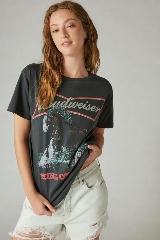 Women Lucky Brand Graphic Tees Budweiser Horse Boyfriend Tee Anthracite