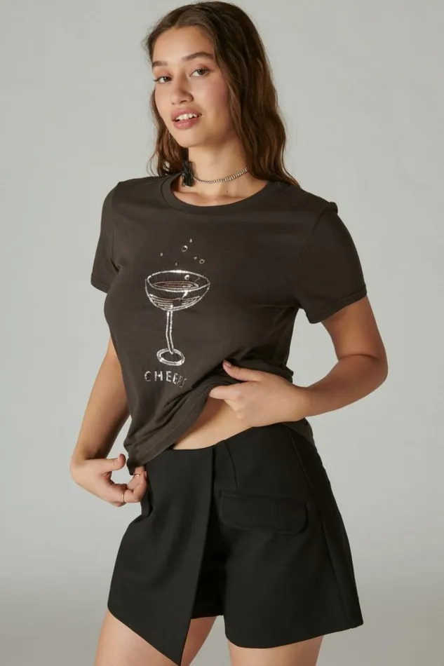 Women Lucky Brand Graphic Tees Cheers Classic Crew Dark Black