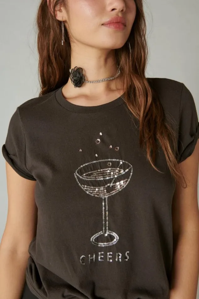 Women Lucky Brand Graphic Tees Cheers Classic Crew Dark Black