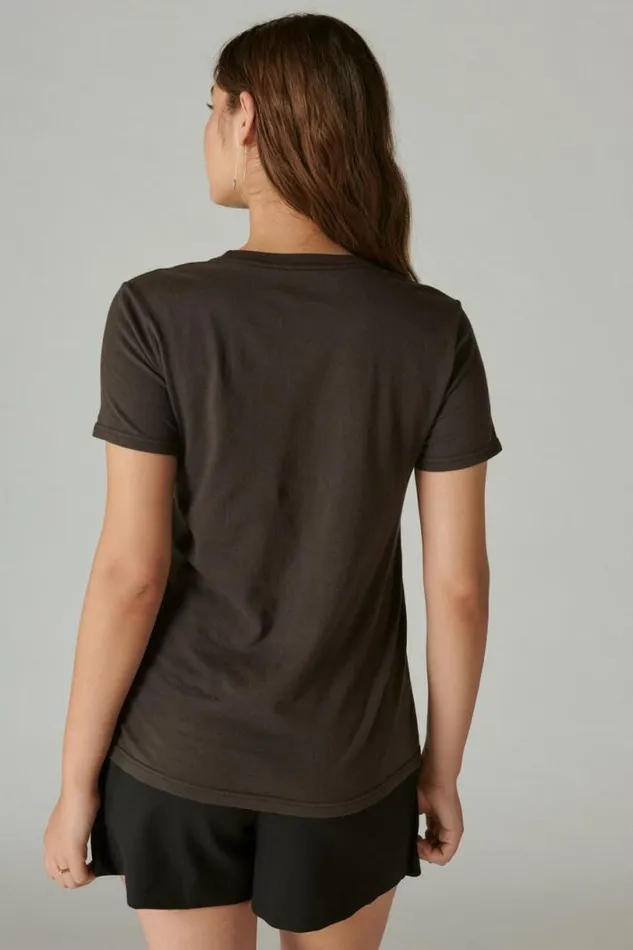 Women Lucky Brand Graphic Tees Cheers Classic Crew Dark Black