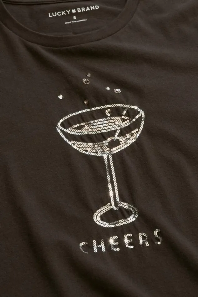 Women Lucky Brand Graphic Tees Cheers Classic Crew Dark Black