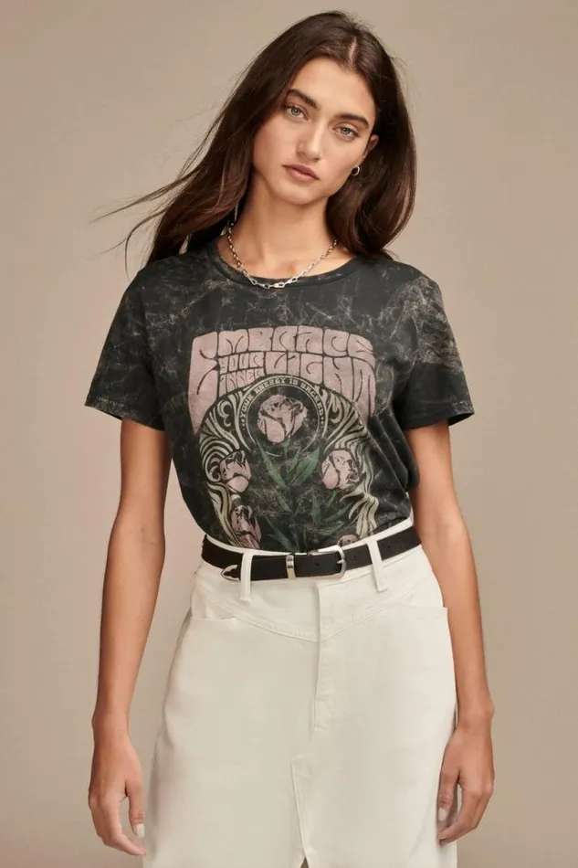 Women Lucky Brand Graphic Tees Embrace Floral Poster Classic Crew Iron Ore