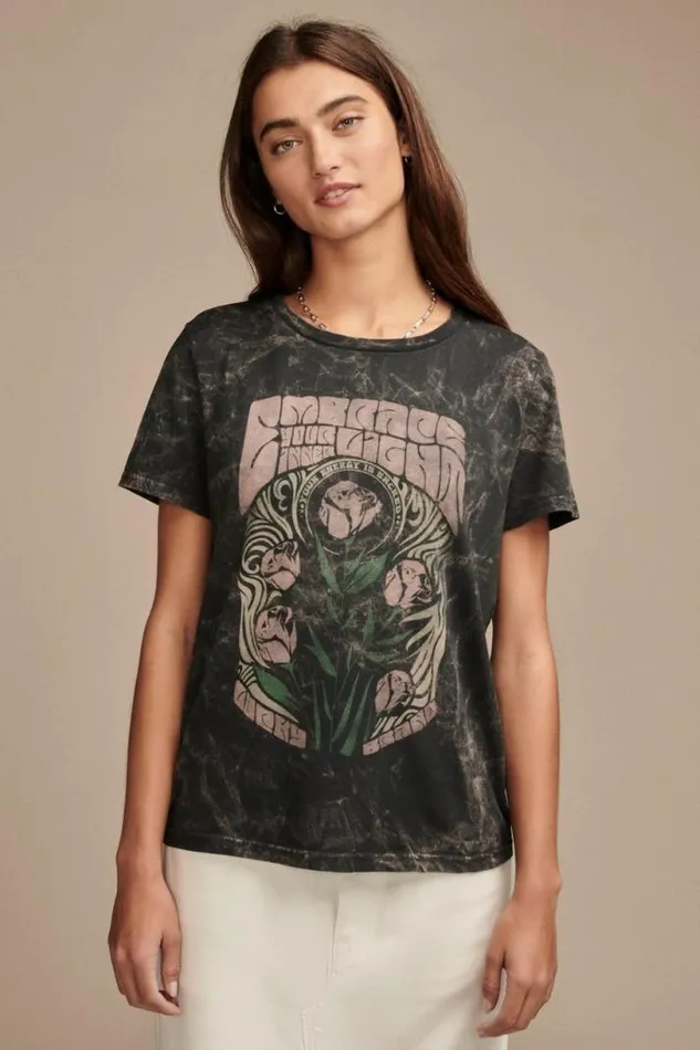 Women Lucky Brand Graphic Tees Embrace Floral Poster Classic Crew Iron Ore