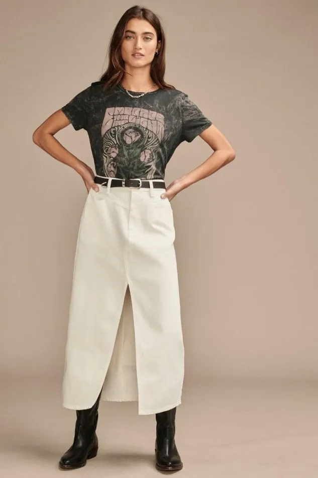 Women Lucky Brand Graphic Tees Embrace Floral Poster Classic Crew Iron Ore
