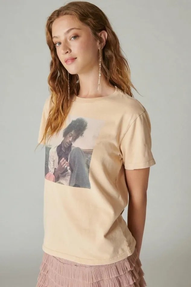 Women Lucky Brand Graphic Tees Jimi Hendrix Photo Boyfriend Tee Toasted Almond