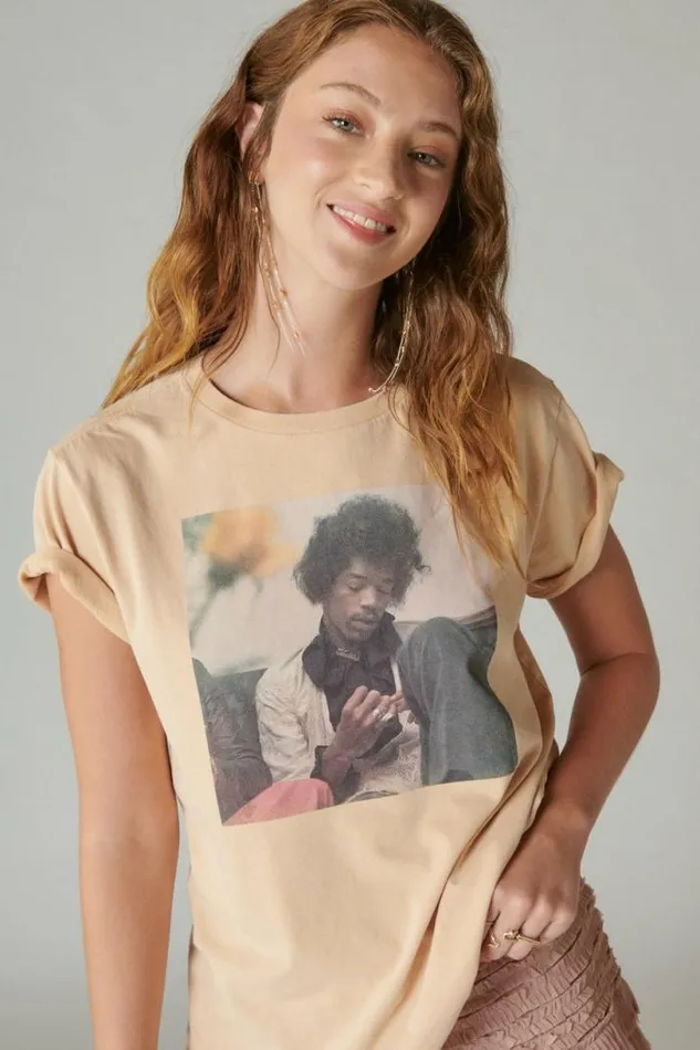 Women Lucky Brand Graphic Tees Jimi Hendrix Photo Boyfriend Tee Toasted Almond