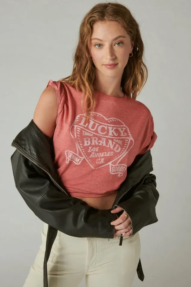 Women Lucky Brand Graphic Tees Lucky Heart Boyfriend Tee Baked Apple