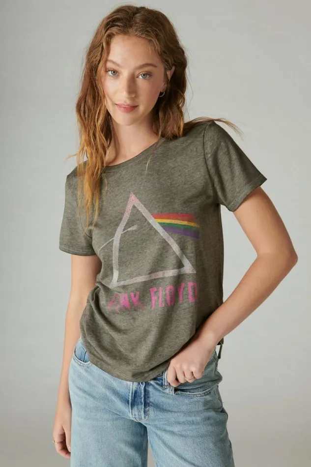 Women Lucky Brand Graphic Tees Pink Floyd Sparkle Logo Classic Crew Pirate Black