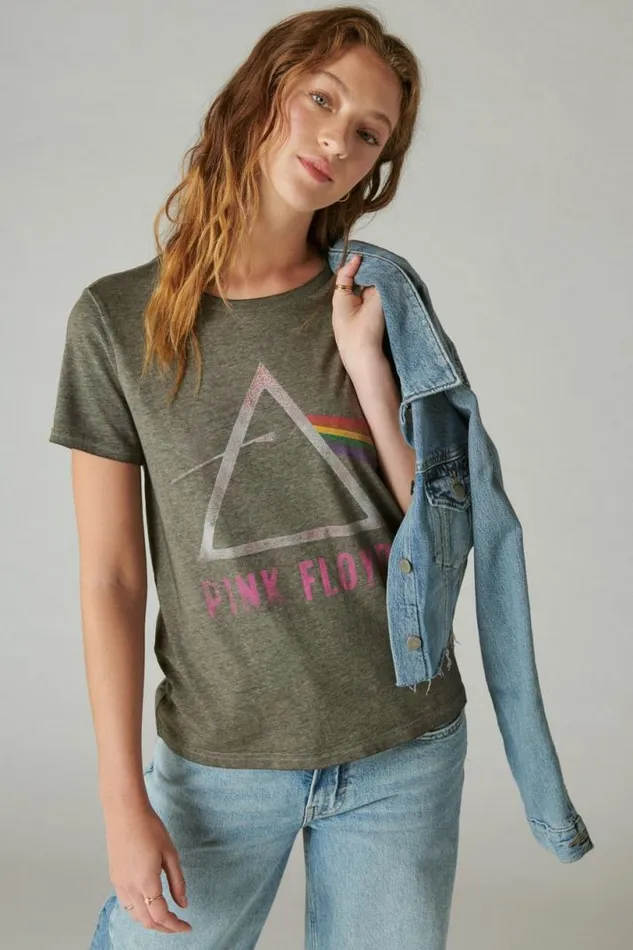 Women Lucky Brand Graphic Tees Pink Floyd Sparkle Logo Classic Crew Pirate Black