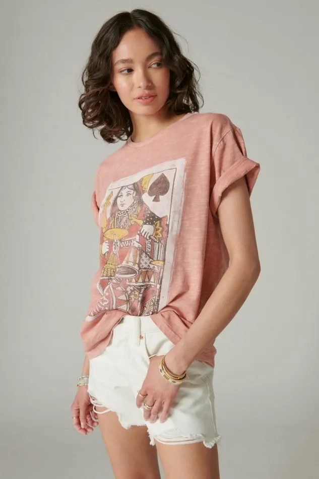 Women Lucky Brand Graphic Tees Queen Of Spades Boyfriend Tee Ash Rose