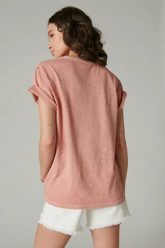 Women Lucky Brand Graphic Tees Queen Of Spades Boyfriend Tee Ash Rose