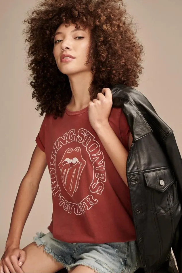 Women Lucky Brand Graphic Tees Rolling Stone 78 Tour Classic Crew Brick Red