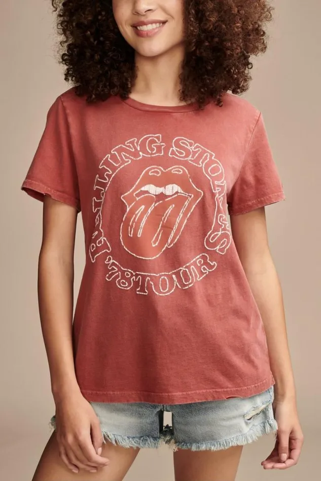 Women Lucky Brand Graphic Tees Rolling Stone 78 Tour Classic Crew Brick Red