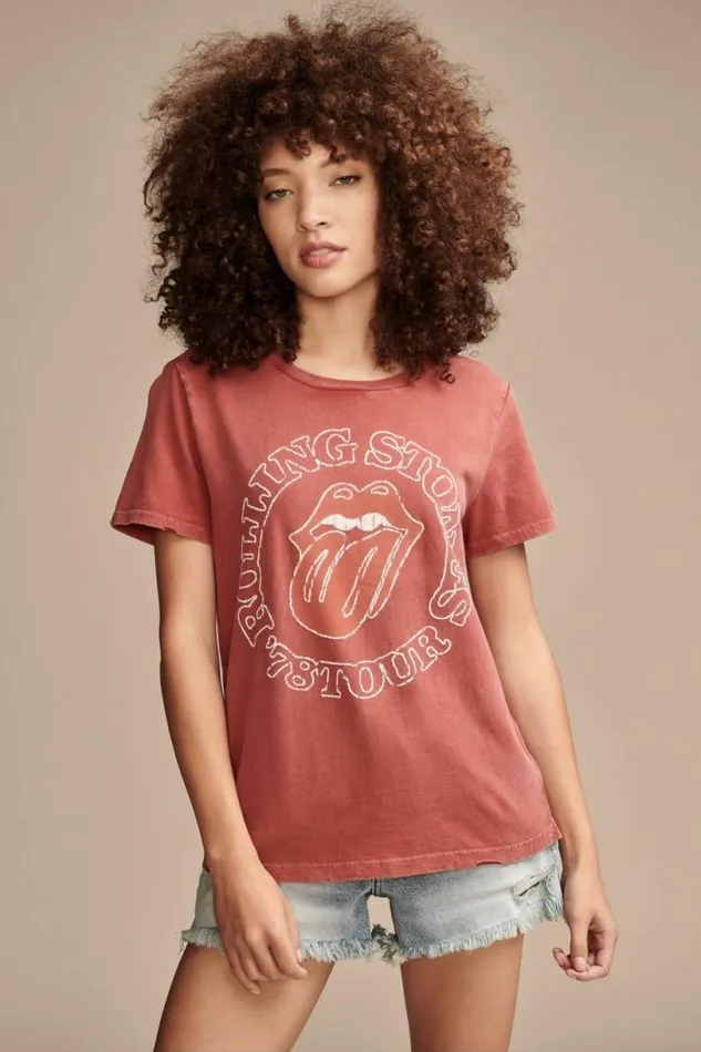 Women Lucky Brand Graphic Tees Rolling Stone 78 Tour Classic Crew Brick Red