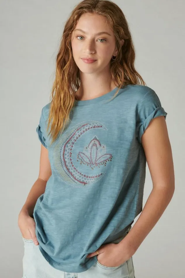 Women Lucky Brand Graphic Tees Studded Moon Classic Crew Blue Mirage