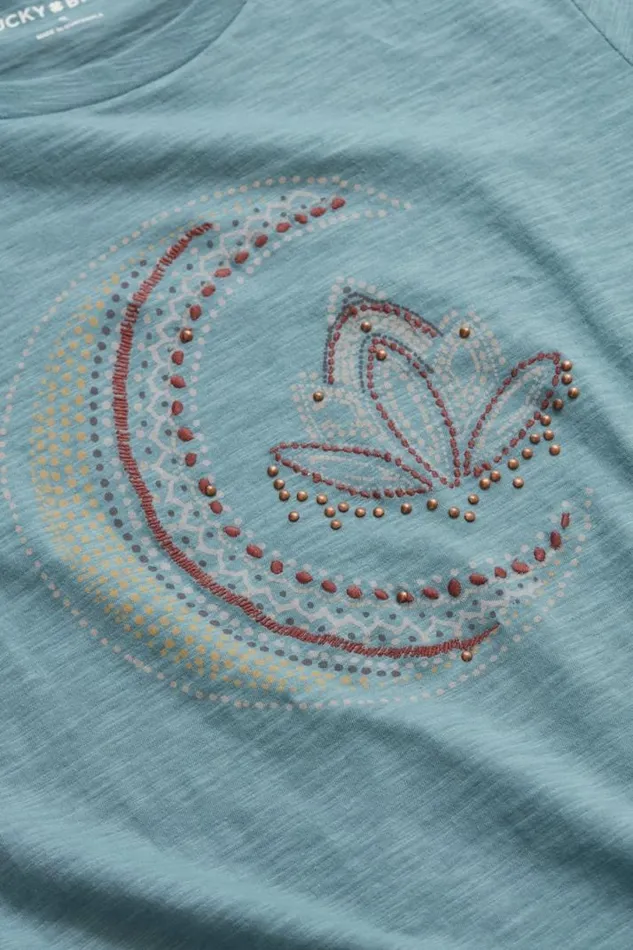 Women Lucky Brand Graphic Tees Studded Moon Classic Crew Blue Mirage