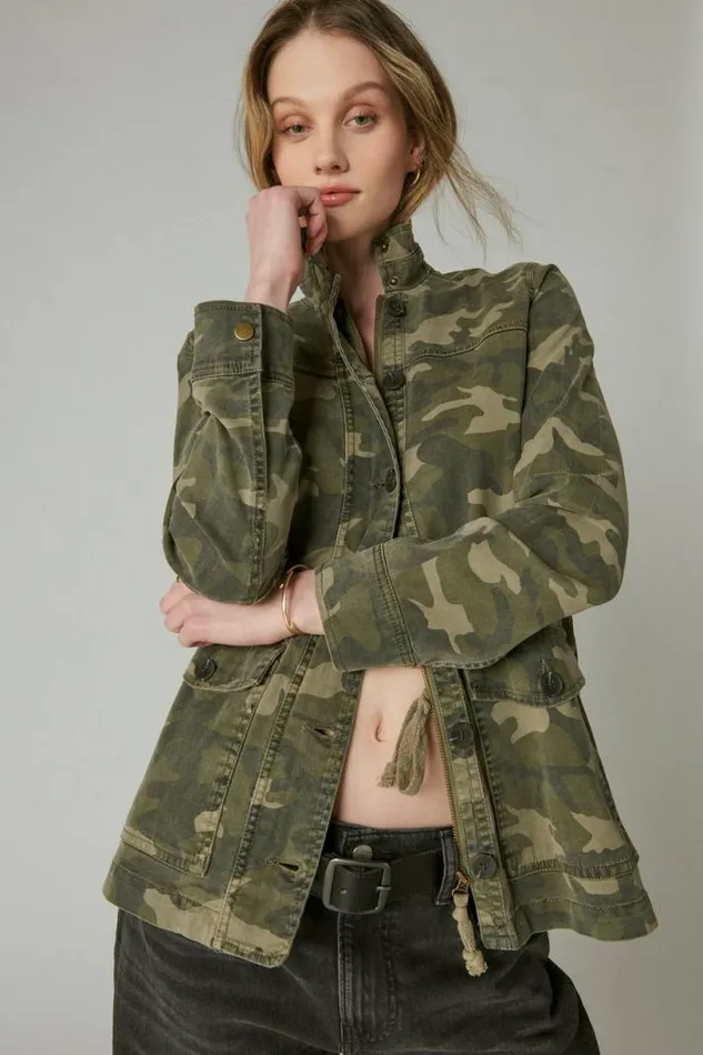 Women Lucky Brand Jackets and Outerwear Camo Printed Utility Jacket Green Multi