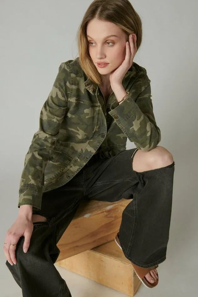 Women Lucky Brand Jackets and Outerwear Camo Printed Utility Jacket Green Multi