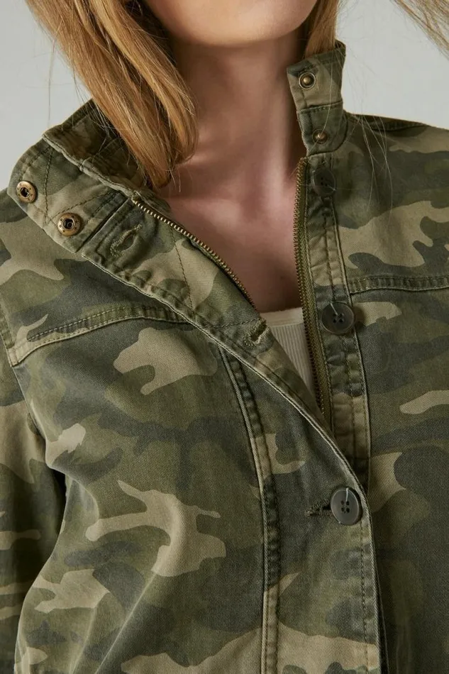 Women Lucky Brand Jackets and Outerwear Camo Printed Utility Jacket Green Multi