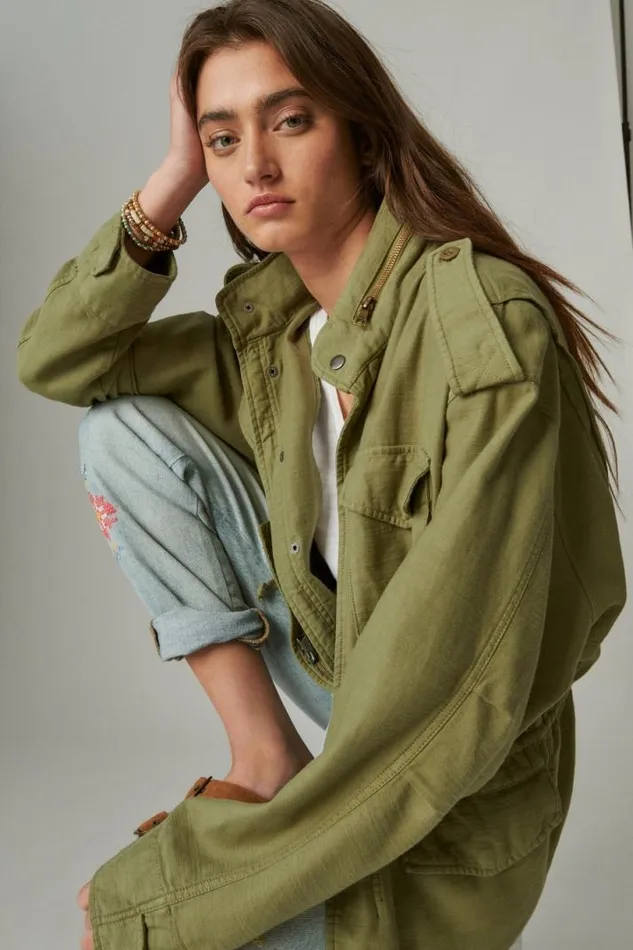 Women Lucky Brand Jackets and Outerwear Four Pocket Military Jacket Olive