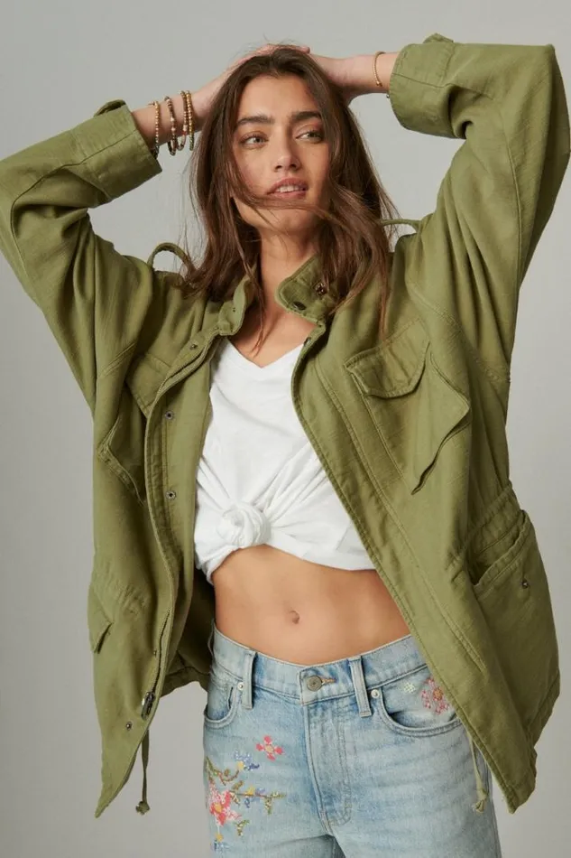 Women Lucky Brand Jackets and Outerwear Four Pocket Military Jacket Olive