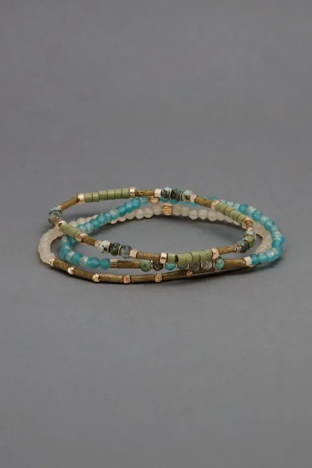 Women Lucky Brand Jewelry Amazonite Beaded Bracelet Set Two Tone