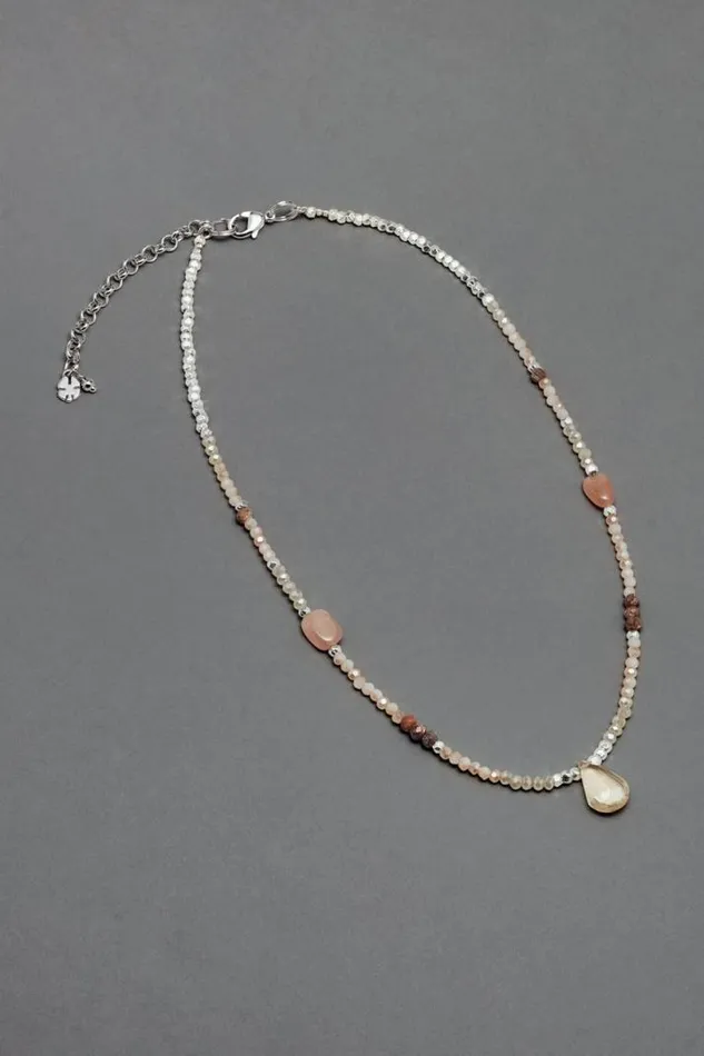 Women Lucky Brand Jewelry Beaded Stone Collar Necklace Silver